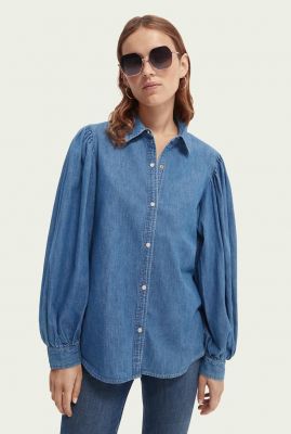 blauwe denim blouse met pofmouwen 164309