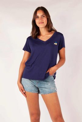 donkerblauw linnen t-shirt met v-hals fishshark t-shirt
