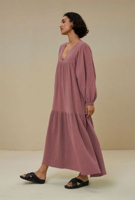 maxi jurk van mousseline met lange mouwen rosa doppia dress