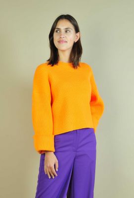 fel oranje gebreide trui met wijde mouwen row box crop o-knit 32038