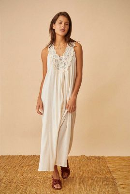 crème kleurige midi jurk met kanten details rubinata 1E230403