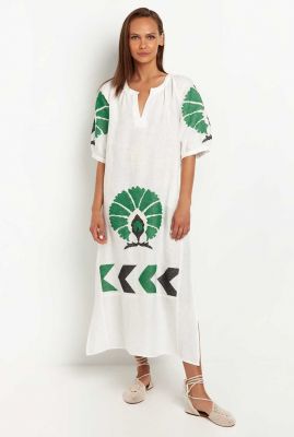 witte linnen maxi jurk met groene geborduurde details 230534