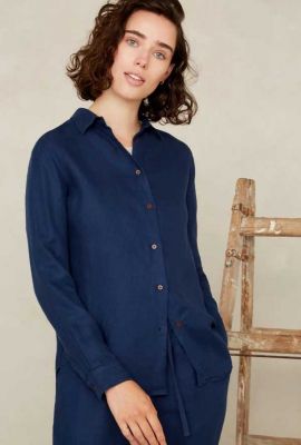 donkerblauwe linnen blouse met relaxed fit taja k230103004