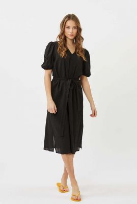 zwarte midi jurk met v-hals en korte pofmouwen skyla 2529