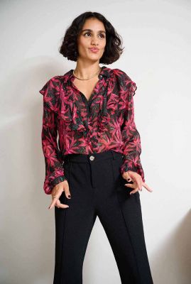 zwarte blouse met bloemenprint en lurex streep dessin daisy sp6754