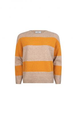 beige gebreide trui met oranje strepen varreb pullover T207-1320