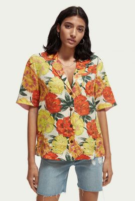 linnen blouse met korte mouwen en bloemenprint 165858