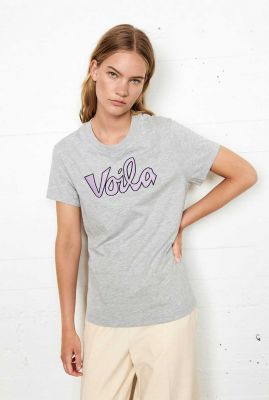 grijs gemêleerd t-shirt met tekst opdruk Voila Tee