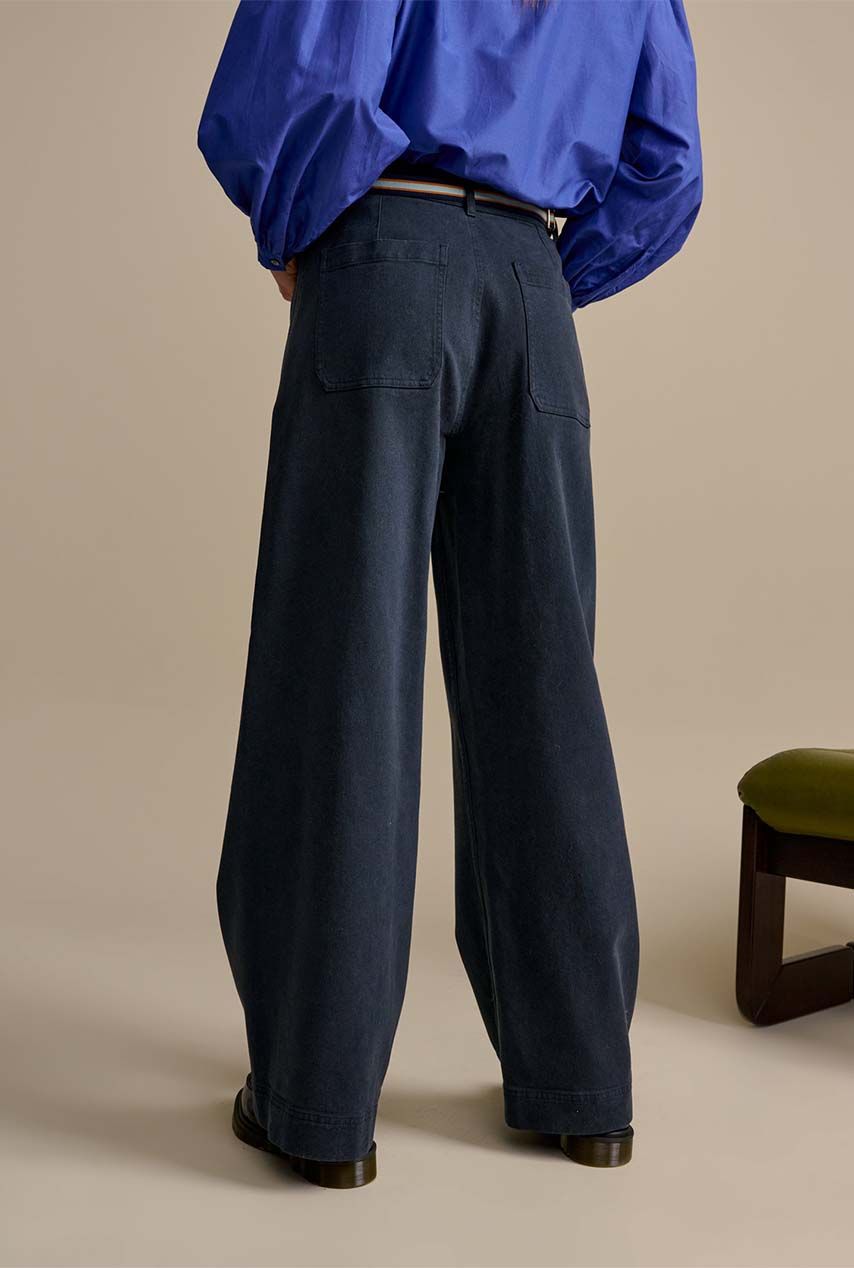 donkerblauwe broek met hoge taille en wijde pijpen r0842