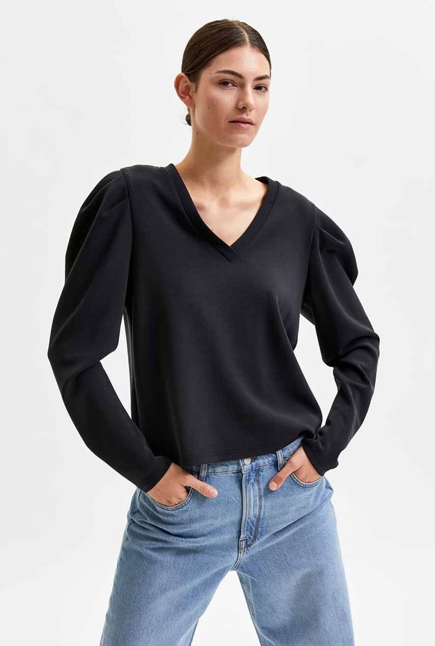 Praktisch kast karakter zwarte sweater met pofmouwen lora v-neck sweat top 16081826