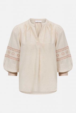 zandkleurige linnen blouse met borduursel top aeryn MT0322