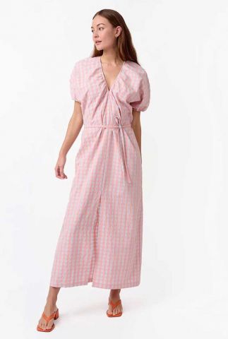 roze geruite maxi jurk met korte pofmouwen coye check dress