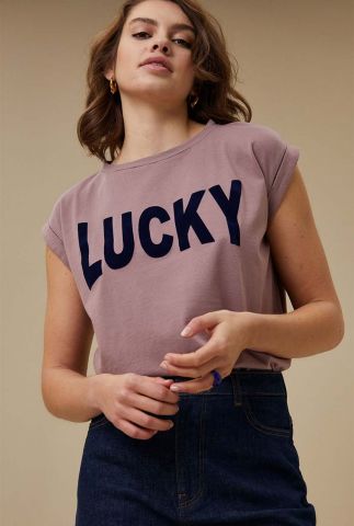 lila t-shirt met kapmouwen en opdruk lucky thelma top lavender 