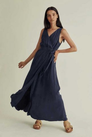 donkerblauwe cupro overslag jurk met zakken mika dress