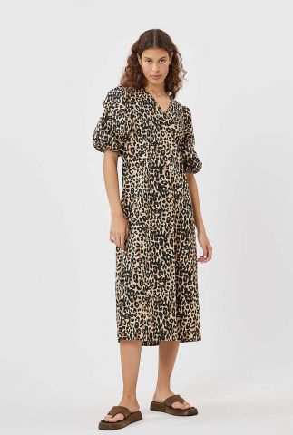 midi jurk met pofmouwen en luipaardprint leopina 9243