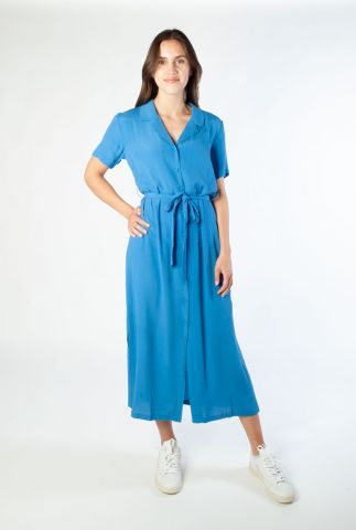 blauwe midi jurk van viscose met korte mouw en ceintuur palm dress