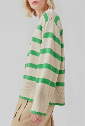 zandkleurige oversized trui met groene strepen corbinmd 56777