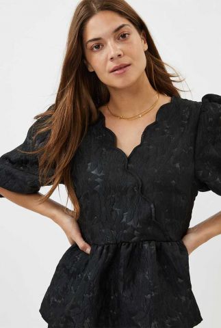 zwarte blouse met ingeweven dessin en pofmouw misti 2717