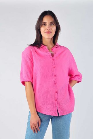 roze mousseline blouse met korte mouwen en kraag s23t907