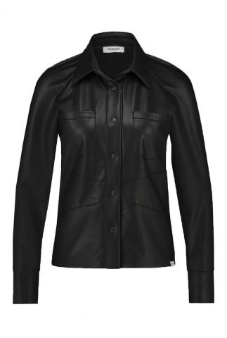 zwarte imitatie leren blouse met drukknoopsluiting w21n1016