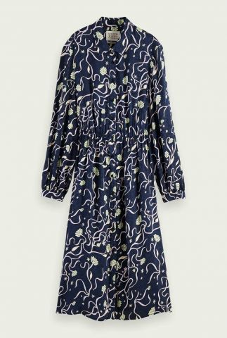 donkerblauwe midi jurk met all-over bloemen print 168674