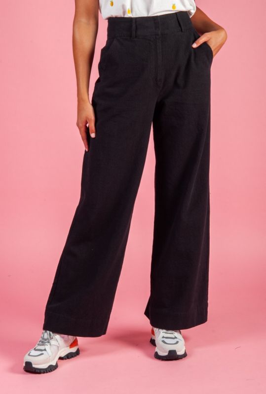 zwarte linnen mix broek met wijde trousers